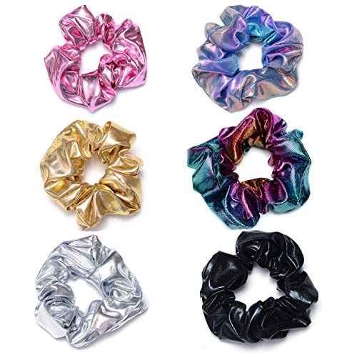 Shiny Scrunchies Metallic Tone Hair Bands Elastic Hair Ties Set Glitter Ponytail Holder Soft Scrunchy for Women(6 Pack Hair Scrunchies)