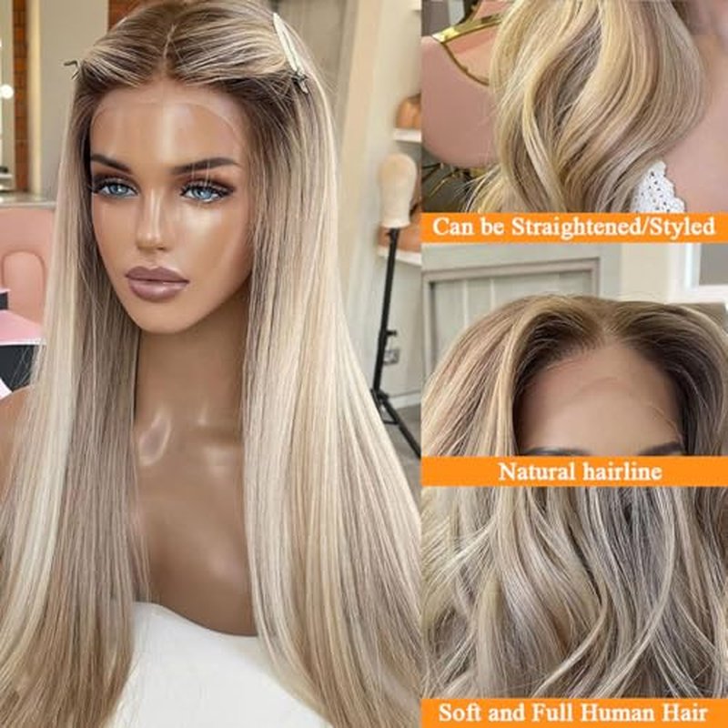 Highlight Colored Lace Front Human Hair Wigs 20Inch Ombre Ash Brown to Blonde Brazilian 150% Density Glueless Highlights 13x4 Transparent Lace Front Wigs Human Hair Pre Plucked for Women(#8/18/60)