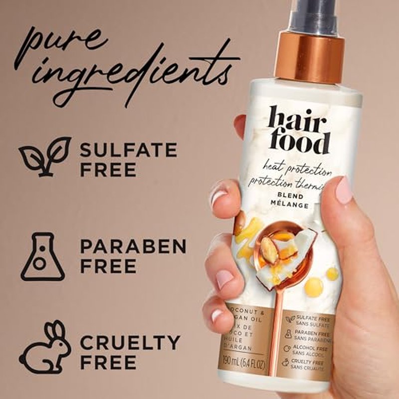 Hair Food Coconut & Argan Oil Heat Protectant Leave-In Spray for All Hair Types, 450¡ÆF Heat Protection, Sulfate-Free, Paraben-Free, Dye-Free, Alcohol-Free, Adds Shine, 6.4 Fl Oz