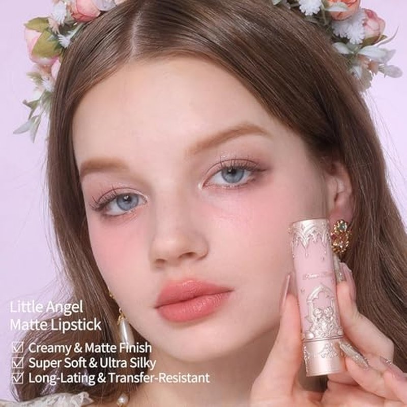 Flower Knows Little Angel 5-Piece Makeup Set,Matte Lipstick(C04) + Cream Blush(04) + Eyeshadow(01) + Canvas Tote Bag + Hair Clip,Gift for Girls & Women