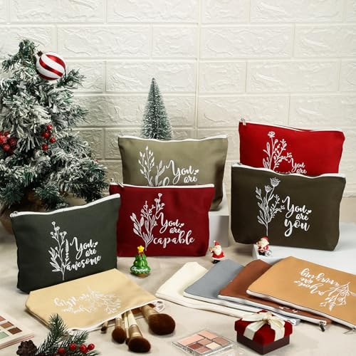 Coume 10 Pcs Boho Flower Canvas Makeup Bags Bulk, Christmas Aesthetic Inspirational Quotes Cosmetic Zipper Encouragement Travel Pouch Toiletry Bag Women Teacher Friend Birthday Gift
