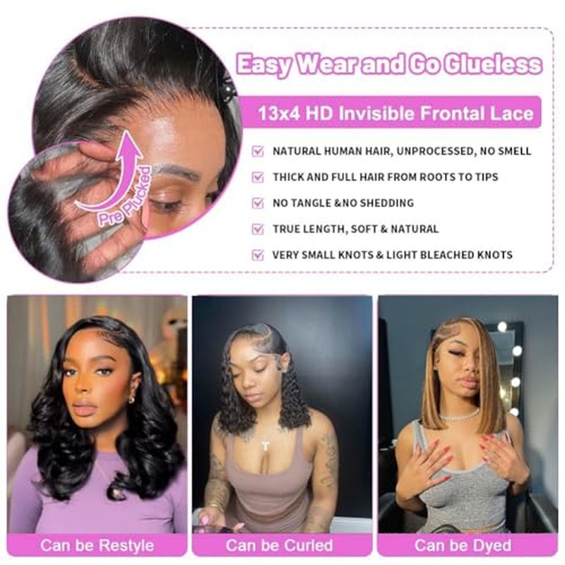 Short Bob Wig Human Hair Straight 13x4 Frontal HD Transparent Lace Front Wigs 100 Percent Real Human Hair Black Bob Wig for Women Pre Plucked 180% Density Natural Color 10 Inch