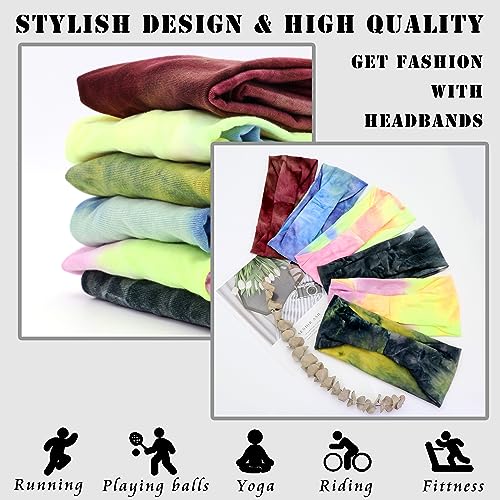 FULZTEY Headbands For Women Cute Tie Dye Hairband Fashion Boho Headwraps Stretchy Yoga Workout Sweat Band Soft Cotton Bandanas Wide Head Bands For Women's Hair Accessories Teenage Girls 6Pcs