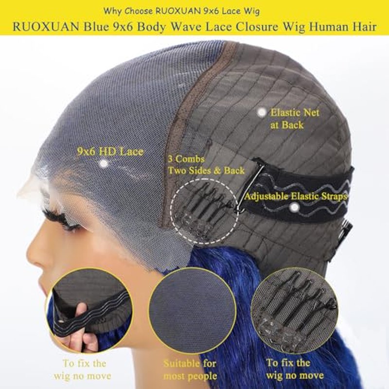 Blue 9x6 Body Wave Lace Front Wigs Human Hair Pre Plucked With Baby Hair 200% Density Dark Blue Human Hair Pre Cut For Women HD Transparent Lace Frontal Colored Wigs 20 Inch
