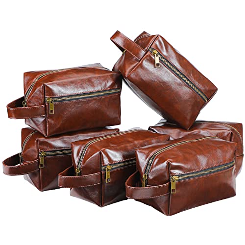 Hillban 6 Pcs Groomsmen Gift Men Travel Toiletry Bag, Bestmen Gifts Set, Leather Toiletry Bag with Side Handle Water Resistant Bathroom Supplies for Wedding Party Favor(Dark Brown)