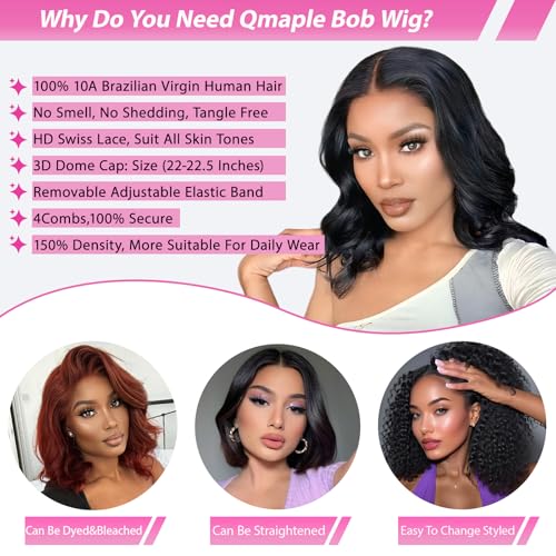 Bob Wig Human Hair 13x4 Lace Front Wigs Human Hair Pre Plucked Upgraded Glueless Wigs Human Hair 12 Inch 180% Density Short Bob Wigs For Black Woman Natural Color