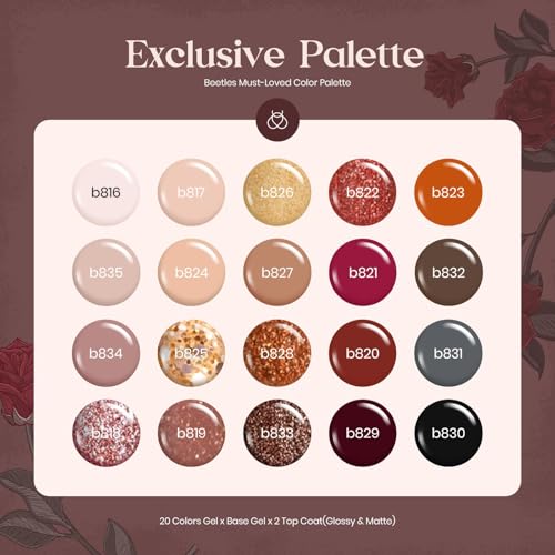 Beetles Fall Gel Nail Polish Set, 23Pcs Brown Burgundy Red Nude Pink Winter Gel Polish Set with Base Top Coat Verse of Roses Kit, Soak off Uv Gel Golden Glitter Holiday Nail Gift for Women