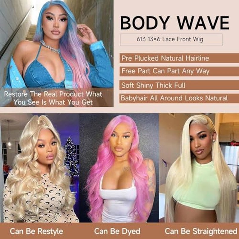613 Blonde Wig Human Hair, 28-Inch Body Wave 13x6 HD Lace Front Wigs Pre Plucked Long Wavy Hair for Black Women 200% Density Glueless