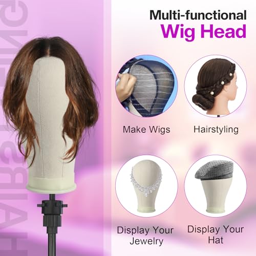 23 Inch Wig Head,Wig Stand Tripod with Head,Canvas Wig Head Stand with Mannequin Head for Wigs,Manikin Head Block Set for Wigs Making Display with Wig caps,T Pins Set,Bristle Brush