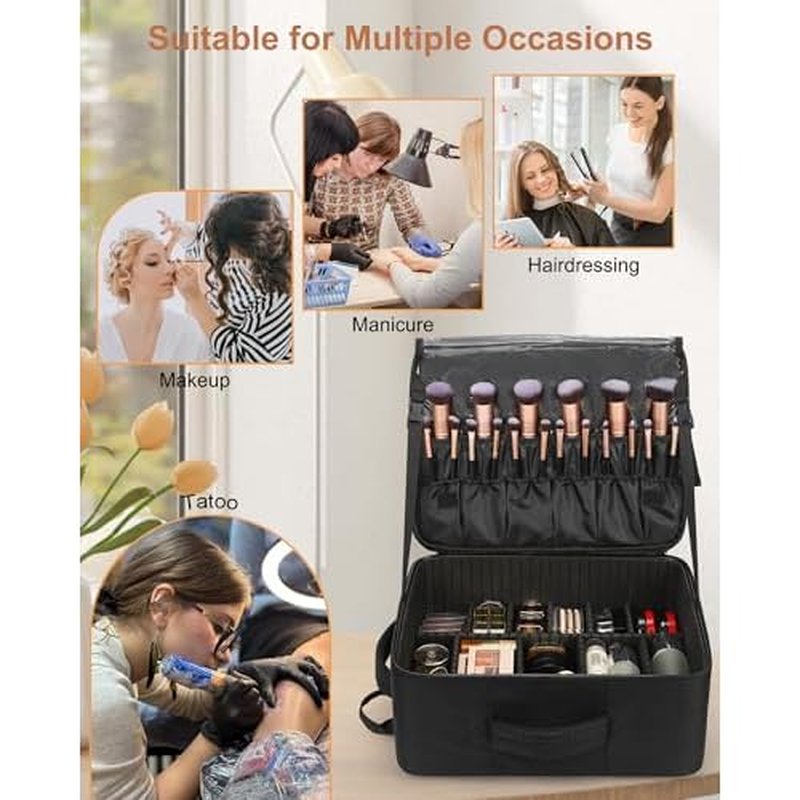 Relavel Makeup Backpack Extra Large Travel Train Case Professional Makeup Artist Kit Set Bag with 4 Clear Bags, Brush Storage Organizer Box with Dividers for Cosmetic Hair Tools Barber Supplies, Black