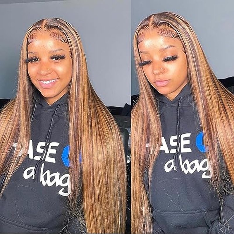 Lemoda Outlet Deals 13x6 Highlight Ombre Lace Front Wig Human Hair 180 Density 22 Inch Straight Transparent Lace Pre Plucked Honey Blonde Human Hair Wigs for Women P4/27 Color