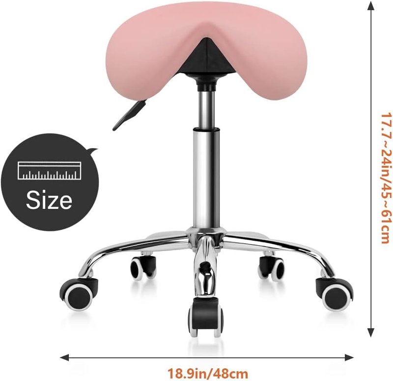 Adjustable Rolling Saddle Stool - PU Leather Swivel Salon Chair with Wheels | Pink