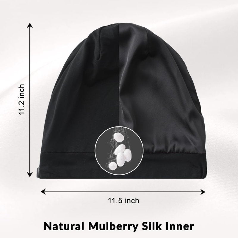 Mulberry Silk Bonnet for Sleeping Women Men, Real Silk Lined Sleep Cap with Adjustable Strap, Hair Wrap Slouchy Beanie for Curly Hair