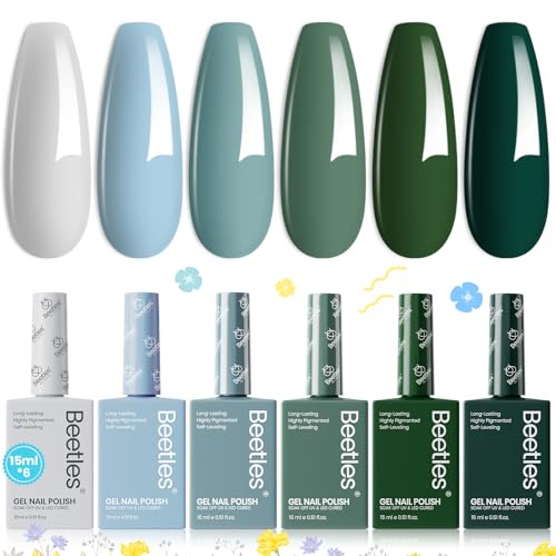 Beetles Fall Gel Nail Polish Set, 6 Colors 15ML Green Gel Nail Polish Kit Winter Nails Misty Gray Dark Green Baby Blue Full Size Nail Gel Polish Soak Off UV Lamp DIY Manicure Salon Gifts for Women
