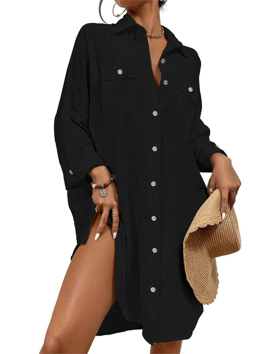 Bsubseach Womens Modern Swimsuit Cover Up Blouse Button Down Shirt Dresses Tops Black L