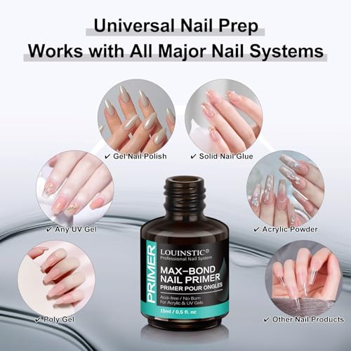 LOUINSTIC Acid-Free Nail Primer 15ml - Hema-Free Nail Prep for UV Gel, Builder Gel, Gel Polish & Acrylic Nails - No-Burn & No-Lift - Quick Air Dry, Low-Odor, Low-Irritant, Salon & Home Use