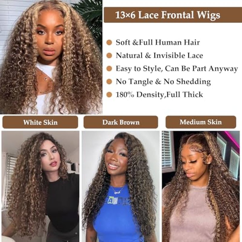 Honey Blonde 13x6 Curly Lace Front Wigs Human Hair Pre Plucked Curly Frontal Wig 28 inch 4/27 Highlight Ombre Jerry Curly HD Lace Front Wigs 180% Density Deep Wave Lace Front Wig for Women