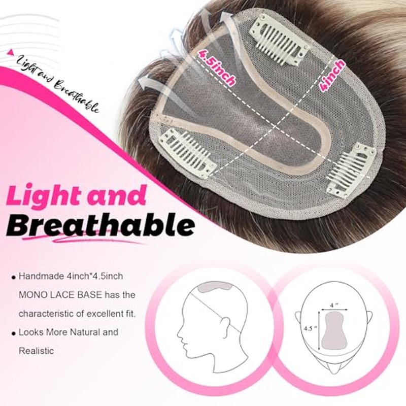 SARO-UP Hair Toppers for Women Real Human Hair Toppers for Women with Thinning Hair 4x4.5 inch Larger Mono Base 150% Density HairPieces Add Volume 12Inch (Ombre Light Brown with Blond Highlight)