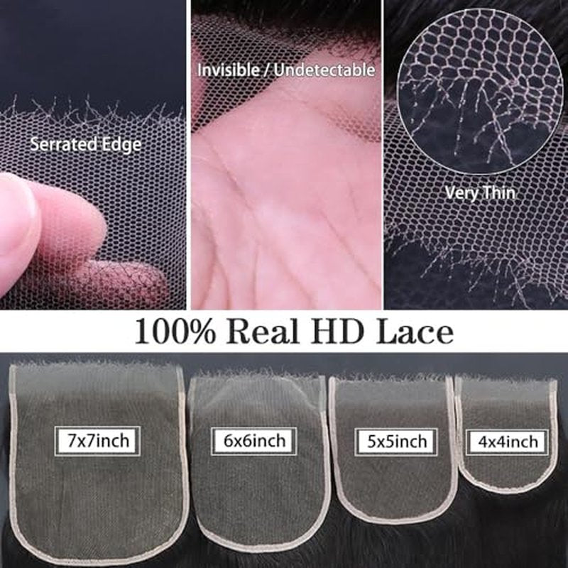 7x7 Closure HD Lace Only Virgin Unprocessed Human Hair Straight Pre-plucked Natural Hairline Silky 100% Human Hair 16Inch