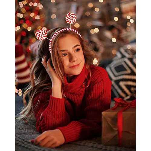 Christmas Headband Cute Xmas Holiday Candy Cane Lollipop Hairband Red White Stripe Hair Hoop Headpiece Party Favor Gift for Women Girls
