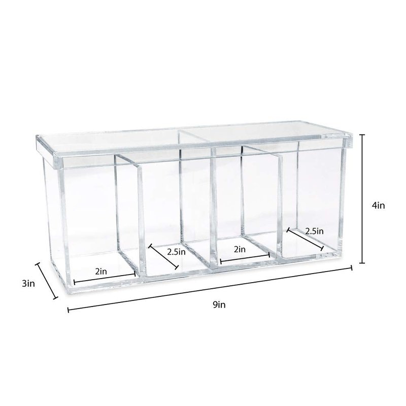 Isaac Jacobs 2-Pack 4-Compartment Clear Acrylic Organizers with Lid (9” L x 3” W x 4” H), Makeup Brush Holder, Sectional Tray, Storage Solution for Makeup, Crafts, Office Supplies & More (2, Clear)