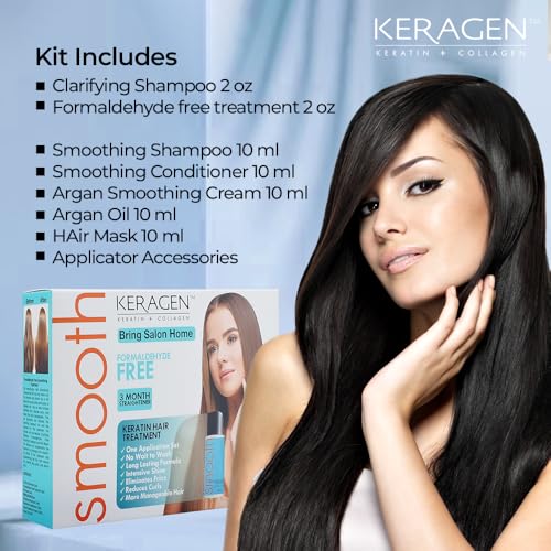 Keragen Brazilian Keratin Smoothing Treatment - Formaldehyde-Free Express Home Blowout Kit - Straightens & Smooths Frizz - Includes 2 Oz Treatment, Clarifying Shampoo & Aftercare Samples