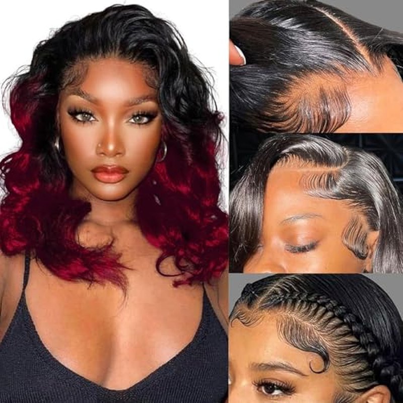 18 Inch Ombre Body Wave Lace Front Wig Human Hair, 13x4 HD Transparent 360¡ÆFull Lace, Glueless Wig with Pre Plucked Hair, Burgundy Balayage on Black (TT1B/BUG), Daily Use for Women