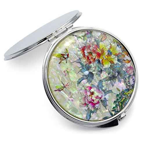 MADDesign Mother of Pearl Compact Makeup Mirror Folding Magnify Butterfly Flowers Pink Yellow