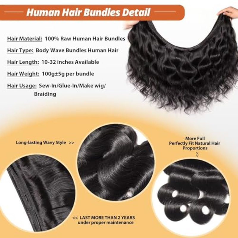 12A Human Hair Bundles 12 14 16 18 Inch Body Wave Bundles Human Hair 100% Unprocessed Brazilian Virgin Organique Quick Weave 4 Bundle for Women Wet and Wavy Human Hair Extensions Natural Black