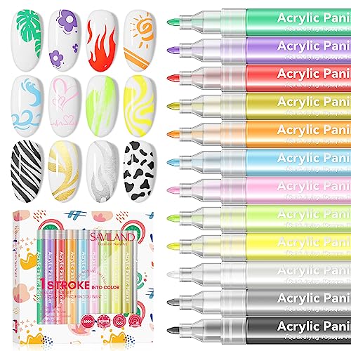 Saviland 12 Colors Nail Art Pens Set - 3D Nail Polish Pens Acrylic Paint Pens Nail Markers for Nail Art Drawing Painting Nail Point Dotting Liner Pen Manicure Tools Nail Design Kit Home Nail Salon DIY