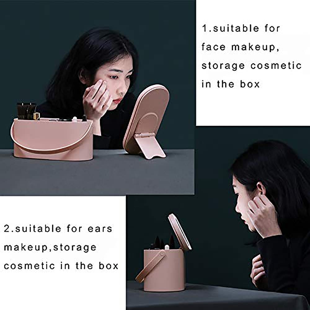 Yesinaly Travel Makeup Organizer Box with LED Mirror, Pink Portable Makeup Case Touch Switch Home Cosmetic Box