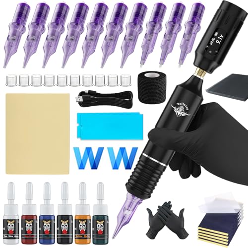 Beginners Tattoo Gun Machine Kit Professional Complete Tattoo Gun Kits for Beginner Rotary Tattoo Pen Set with 10Pcs Tattoo Cartridge Needles for Starter Artists (Black-45Pcs)
