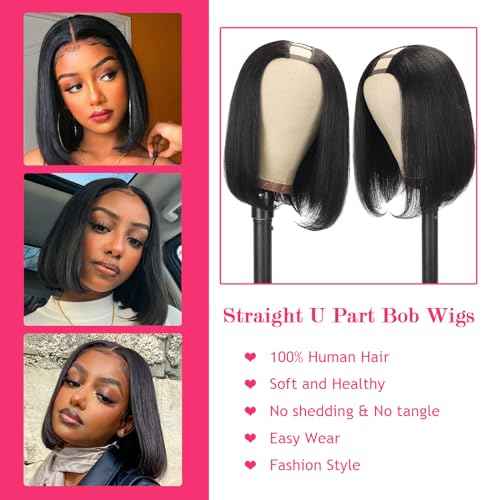 U Part Wig Human Hair Straight Bob Wigs For Women Brazilian Remy Hair Short Bob Human Hair Wigs Clip in UPart Wig Human Hair Natural Black Color 8 Inch