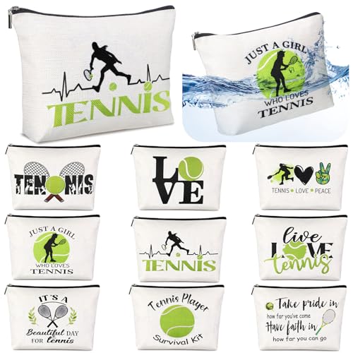 Pinkunn 9 Pieces Tennis Gifts for Women Tennis Makeup Bag Tennis Accessories Pouch Bag for Tennis Travel Zipper Cosmetic Bags for Tennis Lover Player Team Novelty Graduation Birthday Xmas Gift