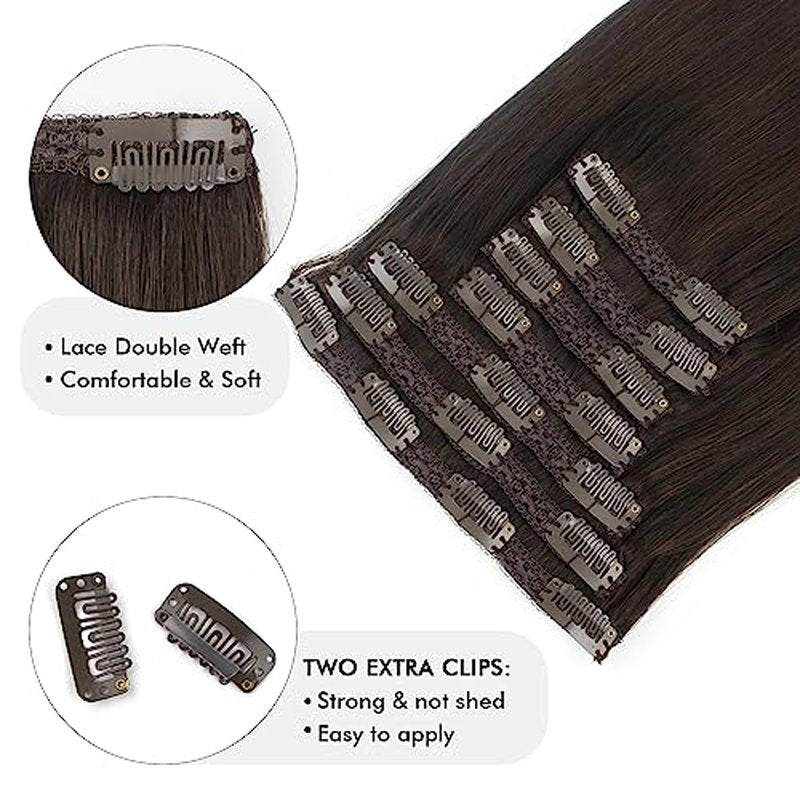 Sixstar Clip In Hair Extensions - 140g Real Human Hair, Dark Brown, Silky Straight, Per Pack, Full Head, 7 Pieces [18inch]