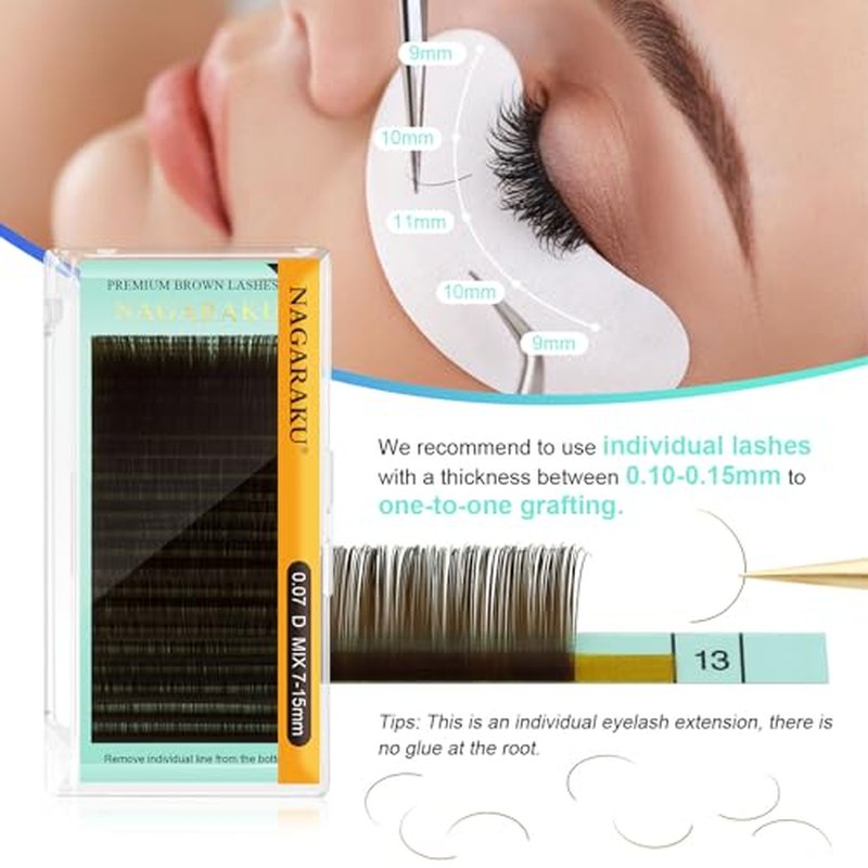 NAGARAKU Natural Brown Color Eyelash Extensions Classic Faux Mink Volume 20 Rows Soft Eyelash Supplies Individual Lashes(0.10mm B curl 7-15mm Mix Tray)