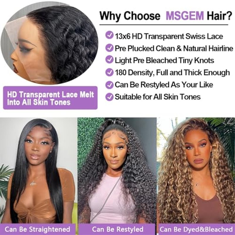 MSGEM 13x6 HD Lace Front Wigs Human Hair Deep Wave Lace Front Wigs 12A Human Hair Wigs for Women 180 Density 18 inch Curly Human Hair Wig Transparent Lace Frontal Wig Pre Plucked Natural Color