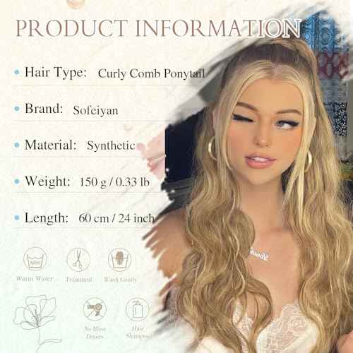 SOFEIYAN Drawstring Ponytail Extension 24 Inch Wavy Curly Clip on Hairpiece Comb Clip in Ponytail Extensions Layered Fluffy Thick Pony Tails Hair Extension Synthetic Hairpieces for Women-Blonde Mixed