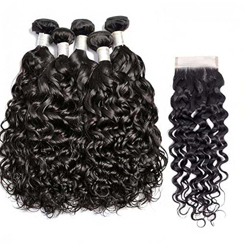 Human Hair 5Bundles with Lace Closure, Water Wave Bundles with Closure, Deep Curly Human Hair Bundles with Closure (18/18/18/18/18+18)