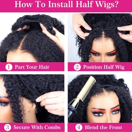 Kinky Curly Half Wig Human Hair 200% Density 3 In 1 Seamless Flip Over Half Wigs Human Hair Glueless Wear and Go Beginner Friendly Kinky Curly Wig Human Hair Drawstring Headband Wig for Women 22 Inch
