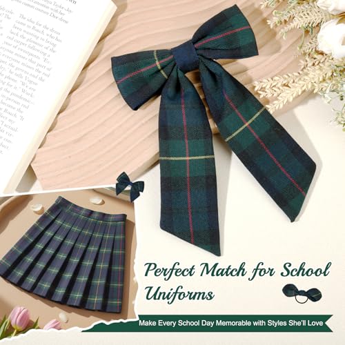 DEEKA 5 Styles Uniform Plaid Long Tail Hair Bows Knotted Headband Scrunchies Bow Set Alligator Clips Back to School Accessories for Toddler Little School Girls (Dark Green, Navy, Red&Yellow 5 Styles)