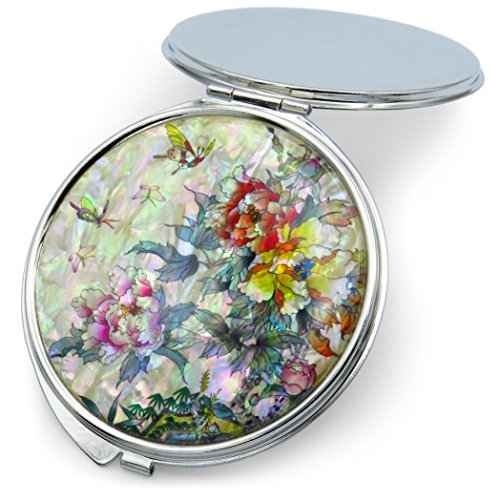 MADDesign Mother of Pearl Compact Makeup Mirror Folding Magnify Butterfly Flowers Pink Yellow
