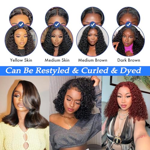 13x4 HD Lace Front Bob Wigs Human Hair Deep Wave Pre Plucked Short Curly Bob Wig Human Hair Transparent Lace Frontal Wigs for Black Women Natural Black 12 Inch