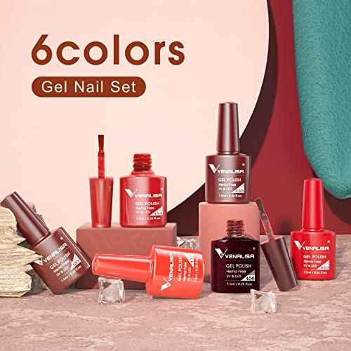 VENALISA Hema-Free Red Gel Nail Polish Set- 6 Colors Popular Red Burgundy Glitter Gel Polish Kit, DIY at Home Salon Christmas New Year's Gifts for Girls