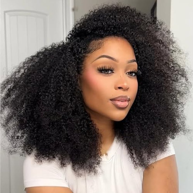 Domiso Afro Kinky Curly 3 In 1 Half Wig with Elastic Band Seamless Kinky Curly Flip Over Beginner Friendly Glueless Wear & Go Drawstring Band Clip in Wig Human Hair Black Color 18 Inch