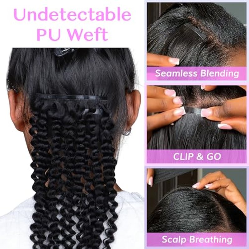IDN BEAUTY Seamless Clip In Hair Extensions Human Hair, Kinky Curly 18 Inch 110g 7pcs Natural Black Seamless Curly Clip Ins Remy Human Hair Seamless Clip Ins For Black Women PU Weft Invisible Edge
