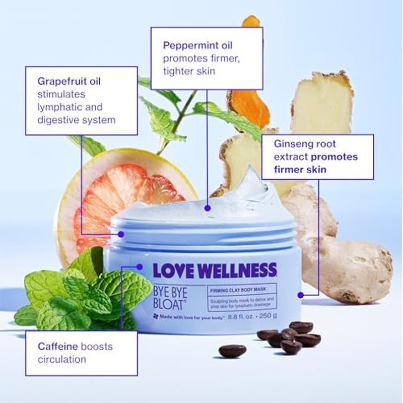 Love Wellness Bye Bye Bloat Firming Clay Body Mask | Lymphatic Drainage Body Mask for Women | Support Bloating Relief, Skin Hydration & Boost Circulation | Caffeine, Grapefruit & Peppermint Oil | 250g