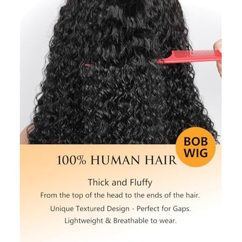 Bob Wig with Bangs Human Hair Water Wave 2x4 HD Lace Closure Front Curly Wigs Human Hair Bang Wig 220 Density Glueless Wear and Go for Beginners 100% Brazilian Human Hair for Black Women 14 Inch