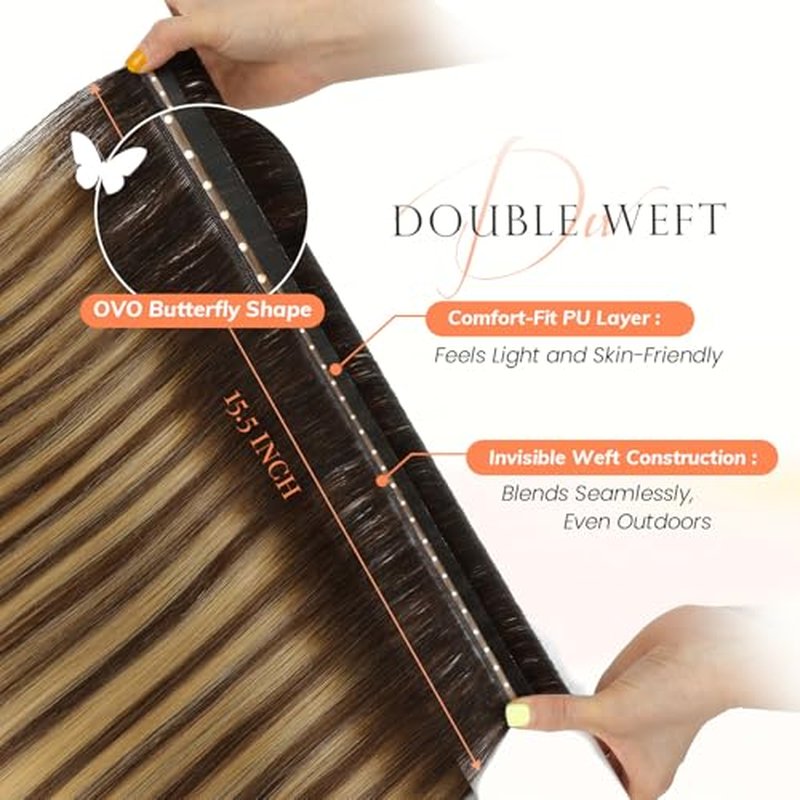OVO Double PU Weft Hair Extensions Human Hair Ombre Brown Highlight Seamless Invisible Weave,Beaded Flat Weft Extensions, Soft & Natural Real Human Hair Extensions