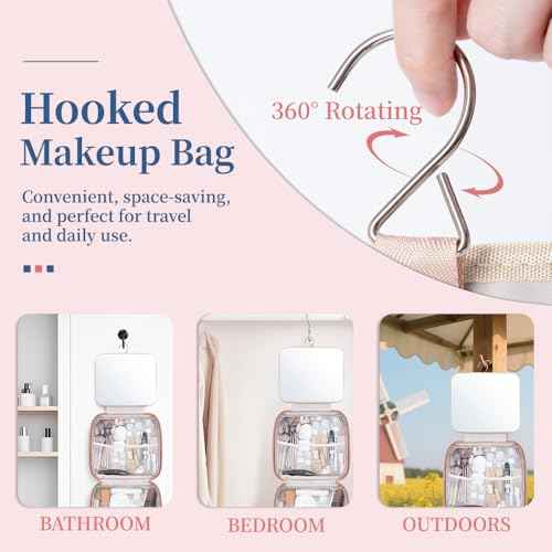 GLINT & GLIDE Travel Makeup Bag with Mirror-Hanging Toiletry Large Capacity, Organizer Toiletries Bag, Portable Cosmetic Case for Women and Girls, Pink